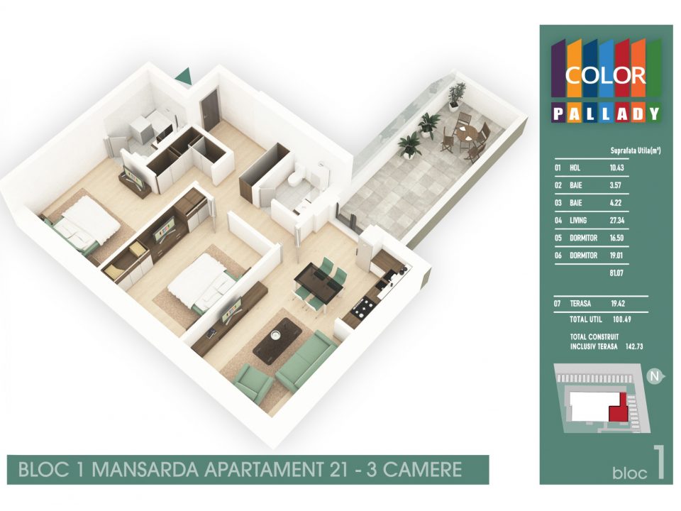 Bloc 1 – Mansarda – Apartament 21